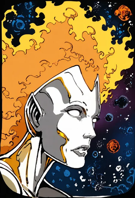 Frankie Raye, 1girl, comicbook style, score_9, score_8_up, score_8, silver skin, reflective skin, metal skin,long fiery hair,blank eyes, white eyes, wide hips, close up, in outer space, flying in space, detailed space, arms outstretched, legs straight