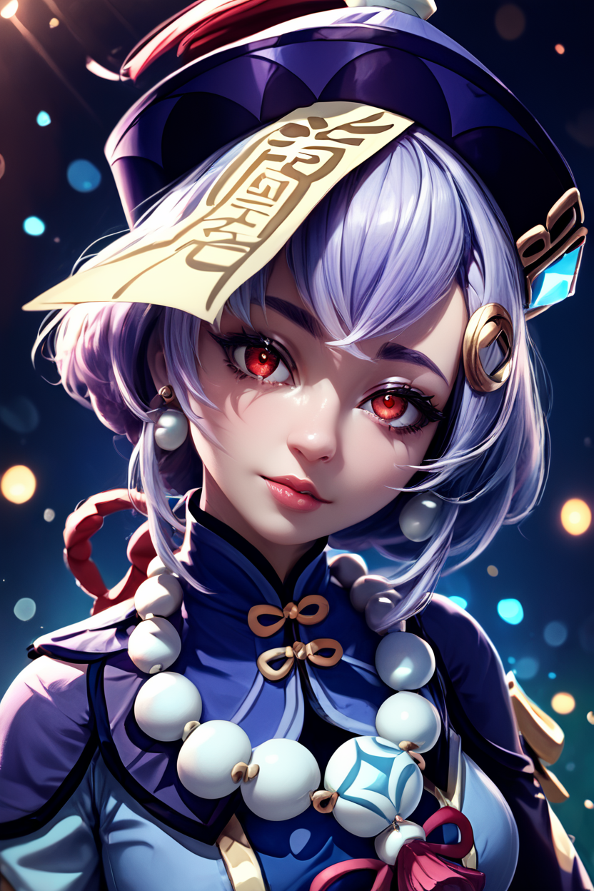 score_9, score_8_up, score_8, medium breasts, (curvy), cute, eyelashes,       ,,, , ,,, zzQiqi, braid, long hair, red eyes, hair ornament, earrings,   ofuda, qingdai guanmao, jiangshi, long sleeves, bead necklace, wide sleeves, white thighhighs, dress, <lora:Qiqi_Genshin_PDXL_v2:0.8>,     ,,,, BREAK,  (ultra realistic,32k, masterpiece:1.2),(high detailed skin:1.1),( high quality:1.1), head tilt, lips, closed mouth, shiny clothes, (upper body), looking at viewer, bokeh, luminescent background, ,,, embedding:zPDXL, Expressiveh, ,,, <lora:RlAnmPDXL:1.0>,