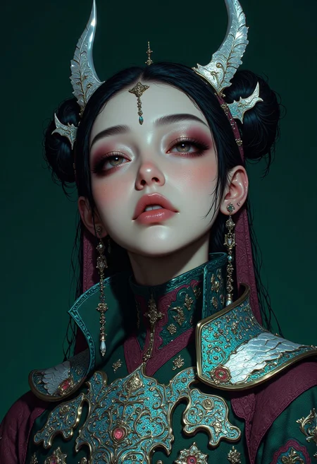 A highly detailed, hyper-realistic digital illustration presenting a close-up portrait of an ethereal East Asian woman with porcelain-like, almost translucent skin. Her delicate features are accentuated by minimal makeup, with large, expressive eyes slightly upturned, framed by thick, dark lashes and a touch of soft lavender eyeshadow. Her full lips, slightly parted, have a muted mauve hue, adding to her dreamlike presence. Her intricately braided twin buns, adorned with iridescent beads and delicate silver feathers, extend outward like curved antlers, enhancing the surreal, mythical quality of her appearance. She wears a high-collared Qing dynasty-style garment in deep emerald, burgundy, and silver, embroidered with elaborate Aztec patterns and mythical creature motifs. Over the garment, she wears a sculpted chrome silver breastplate with intricate patterns, shimmering under the light with a reflective, almost otherworldly effect. The luxurious, slightly textured fabric beneath catches the glow, emphasizing its fine craftsmanship. Toxic neon colors pulse and glow subtly along the edges of her attire, casting an eerie, luminescent aura that enhances the surreal atmosphere. The background is a gradient of rich teal, deepening towards the edges, creating a striking contrast that amplifies her presence. The fusion of realism and fantasy in her poised expression and intricate attire creates a mesmerizing composition.