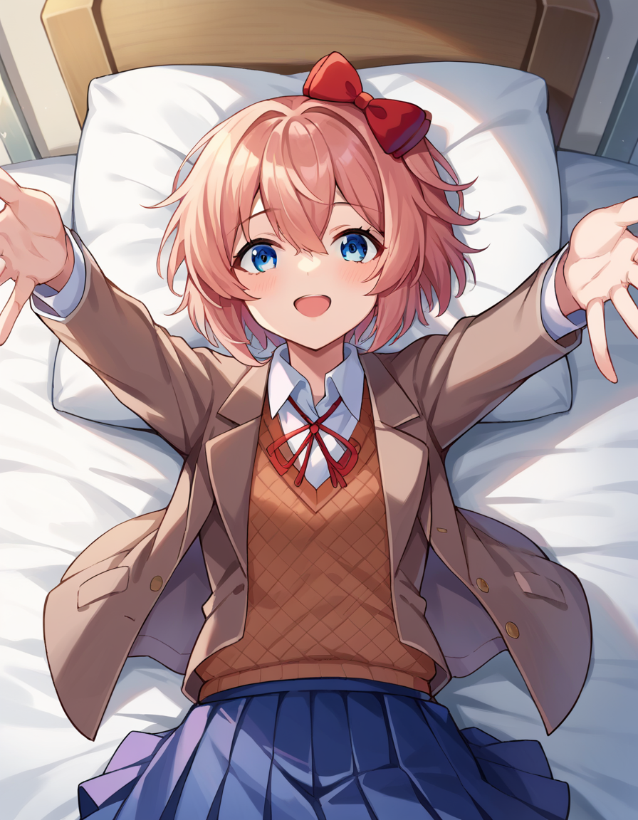 score_9, score_8_up, score_7_up, source_anime,
ddlcsayori, <lora:ddlc-sayori-ponyxl-lora-nochekaiser:1>
ddlcsayori, blue eyes, hair between eyes, hair bow, hair ornament, pink hair, red bow, short hair,
blue skirt, pleated skirt, school uniform, skirt, brown jacket, jacket,
indoors, bed, bed room, on back, arm support, arms up, incoming hug, pov, reaching, reaching towards viewer,
looking at viewer, dutch angle, cowboy shot,