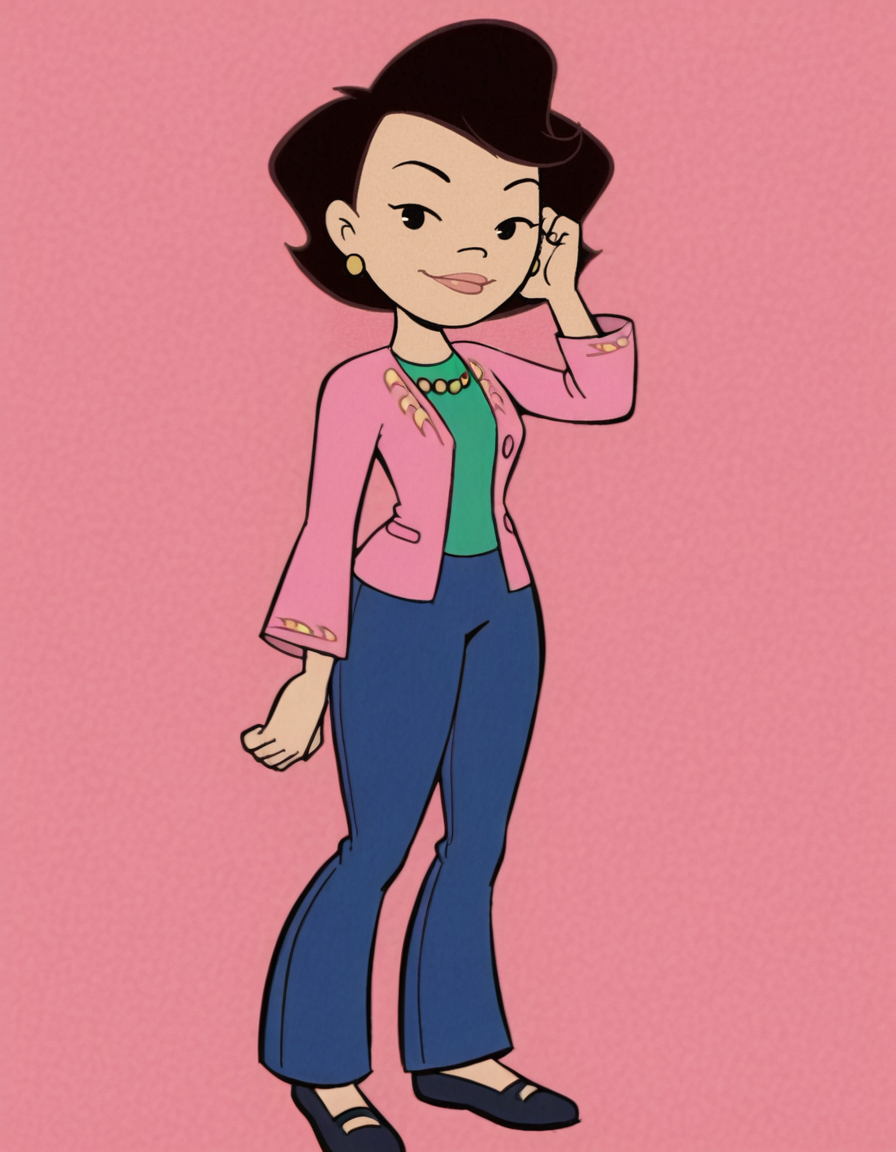 <lora:SusanLongIllustrious1.0JLFO:1> susanlong, 1girl, black hair, pink shirt, solo, short hair, jewelry, earrings, blue pants, pearl necklace, looking at viewer, full body, black footwear, simple background, standing, light smile, hand in hair
