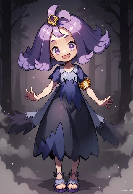 score_9, score_8_up, score_7_up, score_6_up,
c4toony style, 
acerola, 1default1, purple dress, torn dress, hair ornament, gold armlet, smile, short sleeves, open mouth, stitches, purple sandals,
looking at viewer, sincere, (cute), 
mischievous expression, smile,  
forest, dark silhouettes, fog,