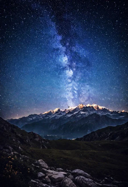 Alpine moutain range at distance under a protected Dark Sky. the bands of the milky way. Milky Way, Night sky
