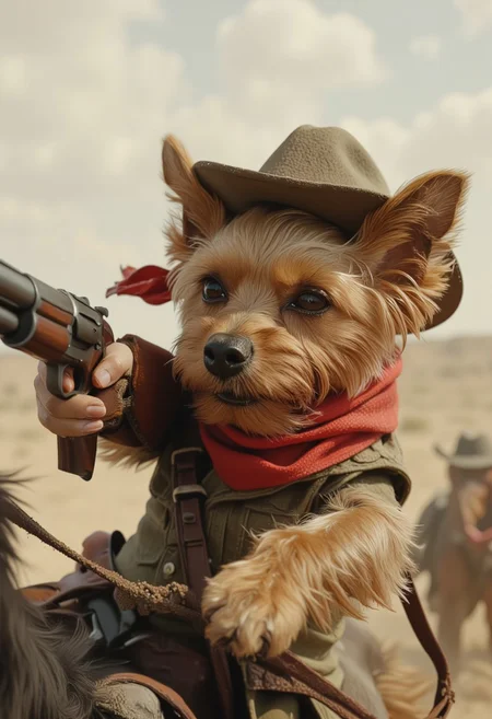 This is a digital artwork in the style of ckgr Anthropomorphic yorkshire terrier allab in a high-speed horse chase, wearing a red scarf, a dust-covered cowboy hat, and gripping a shotgun. Dust kicks up behind it. Highly detailed, realistic textures, western theme, cowboy, gunslinger, action shot.
<lora:ral-anthropomorphic-flux:1>