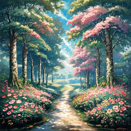 score_9, score_8_up, score_7_up, <lora:ImpressionismPonyV2:1> ArsMJStyle, ((Impressionism )), Spring Orchard, The image shows a blooming orchard in spring. Pale pink and white brushstrokes suggest cherry or apple blossoms against a soft blue sky. Dappled sunlight creates patterns on the ground, and a distant figure tends to the trees. Green grass is indicated by quick strokes of various shades., impressionism, orchard, spring, blossoms, nature, soft colors, sunlight, outdoor scene, flowering trees, brushstrokes, seasonal, atmospheric