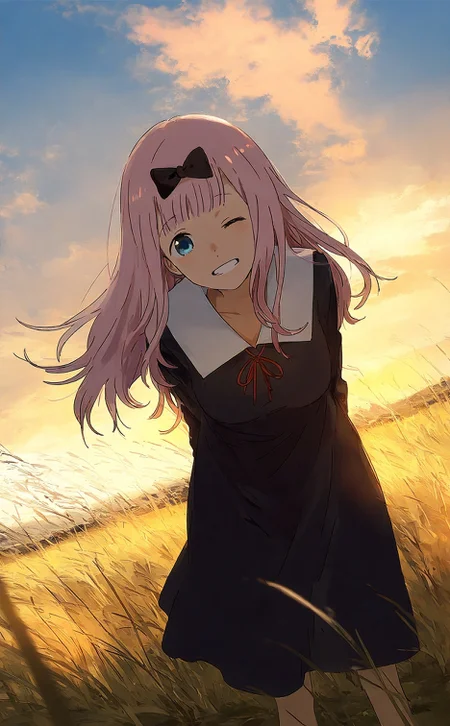 fujiwara chika, 1girl, leaning forward, one eye closed, sky, dutch angle, depth of field, tall grass, textured, golden hour, looking at viewer, head tilt,
backlighting, 
cinematic, outdoors, scenery, 
very awa,  highres, 
<lora:nhl-004:0.7>  nhl-004,