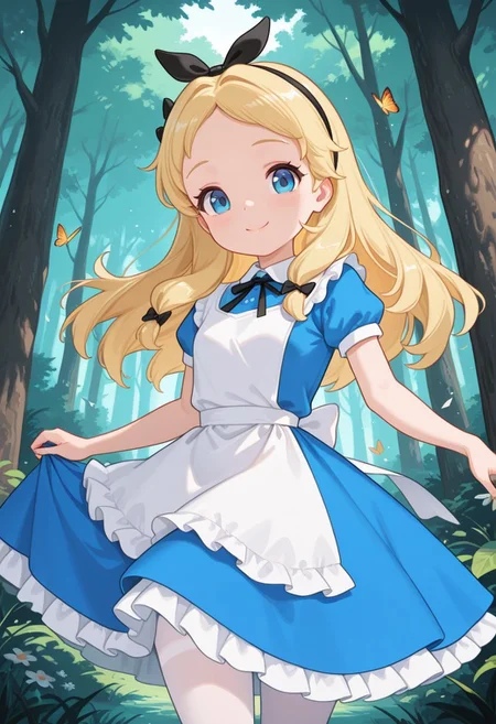masterpiece, best quality, amazing quality, very aesthetic, absurdres,  newest, detailed background, outdoors, dynamic angle, forest, butterflies, 4k, 8k, 
alicexd, 1girl, solo, blonde hair, long hair, hairbow, blue dress, white apron, bow, cowboy shot, white tights, small breasts,  looking at viewer, blue eyes, smile, dancing