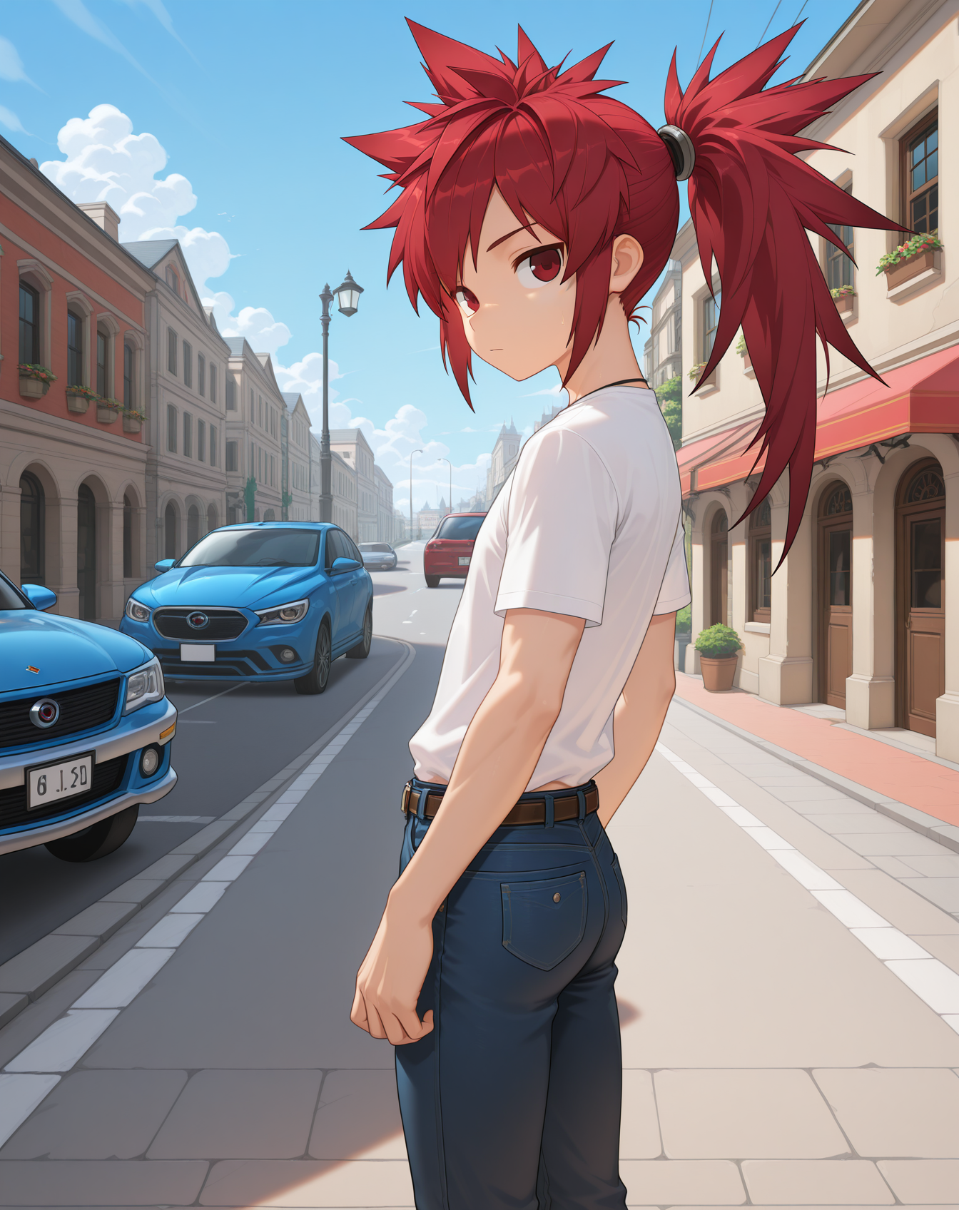 masterpiece,best quality,amazing quality, newest, very aesthetic, absurdres,
1boy, solo, yaoi, male focus, looking at viewer, cowboy shot, standing,
 <lora:Elsword_Sheath_Knight_ilxl:1>   elswordsk, red hair, red eyes, spiked hair, long hair, ponytail,
white shirt, jeans, sneakers,
outdoors, day, blue sky, building, street, road, lamppost, car,