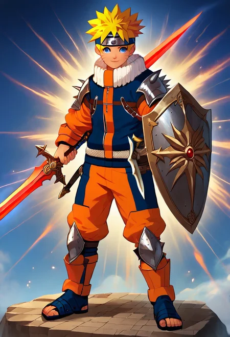 uzumaki naruto, blonde hair, spiked hair, blue eyes, whisker markings, facial mark, forehead protector, 1boy, solo, solo focus, teen, equip heavy knight armor, metalic red armor theme, (right hand holding a sword:1.20), standing pose, solo, full body, happy expression, sword and shield, castle in the background