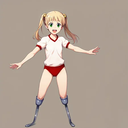 score_9, score_8_up, score_7_up,
BREAK
1girl, solo, standing, looking at viewer, full body,
<lora:Katawa_Shoujo_charpack-000010:1>, katawa shoujo, gym uniform, red buruma,
ibarazaki emi, blonde hair, long hair, twintails, hair bobbles, green eyes, amputee, double amputee, prosthesis,
smile, open mouth,