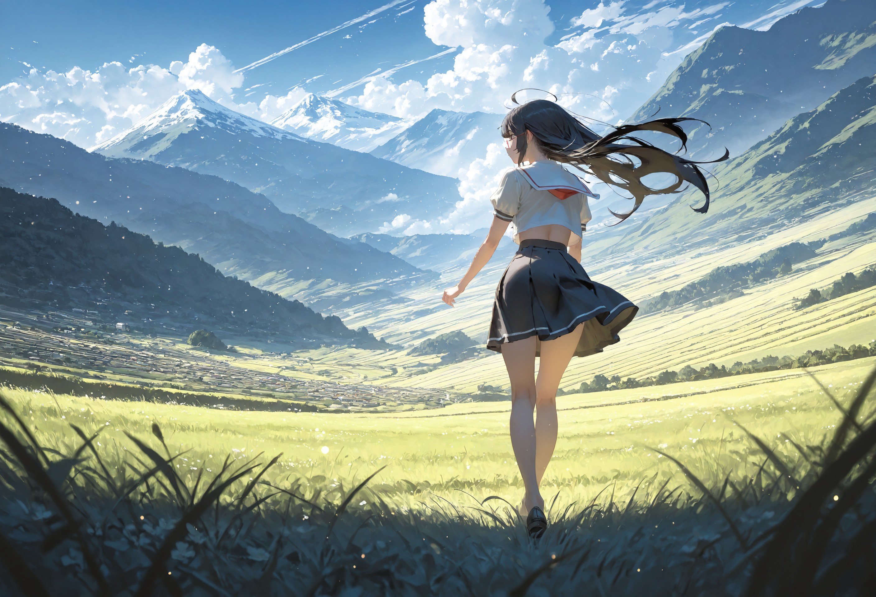 ((walking on grass hill:1.5))

1 girl,medium breast,long hair,(curtain bangs:1.3),(black hair:1.3), (black eyes:1.1),asian_japanese,ahoge,(light freckles:1.2),red rimmed round glasses,

(White crop top sailor school uniform,black skirt:1.5),(small town,mountain,blue sky,cloud,outside),(day:1.5)

sparkling effects,(Bokeh around character:1.3),(character focus:1.2),((dynamic pose:1.4)),((foreshortening:1.5)),((extreme perspective:1.4)),((dynamic angle:1.3)),((negative space:1.1))

Cunnystyle,Smooth_Quality,amazing quality, ((aesthetic:1.3)),(no line art:1.3),((4k,8k,Ultra HD)),((Masterpiece :1.2)),((Best quality :1.2)),((Detailed :1.5)),((Detailed background :1.5))