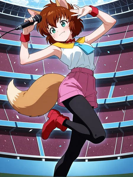 masterpiece,best quality,amazing quality,
1girl,solo,
anime screencap,<lora:koto_ilxl_v1.0:1>,koto,brown hair,green eyes,whiskers,fang out,
k_clothes,yellow collar,red ribbon choker,white sleeveless shirt,blue necktie,pink shorts,fox tail,black_pantyhose,red footwear,k_m,holding microphone,
<lora:Fixhands_anime_bdsqlsz_V1:1>,audience,audience,standing on one leg,arms up,stadium,