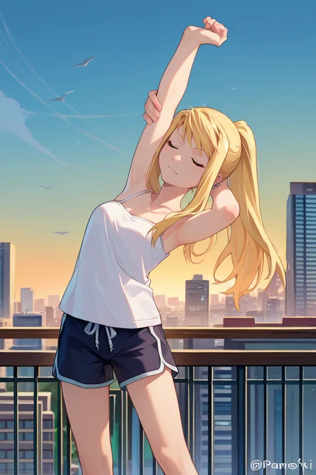 score_9, score_8_up, score_7_up, score_6_up, source_anime BREAK 1girl, solo <lora:winry-pdxl-nvwls-v1-000006:1> winry rockbell, blonde hair, ponytail, earrings, raised arms, closed eyes, stretching, white camisole, dolphin shorts, blue sky, cityscape, city
