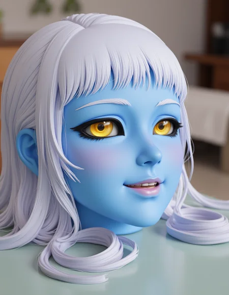 <lora:headonly-flux:1> h3adonly, <lora:real-lora:.5> ultrarealistic photo of the head of <lora:Lala-flux-000008:1> lala sitting on a table, with long white hair, yellow eyes with black sclera, blue skin, and light pink lips. She is looking slightly up at the viewer and has a shy smile.  <lora:rMada - Enhance - beta2:.5>