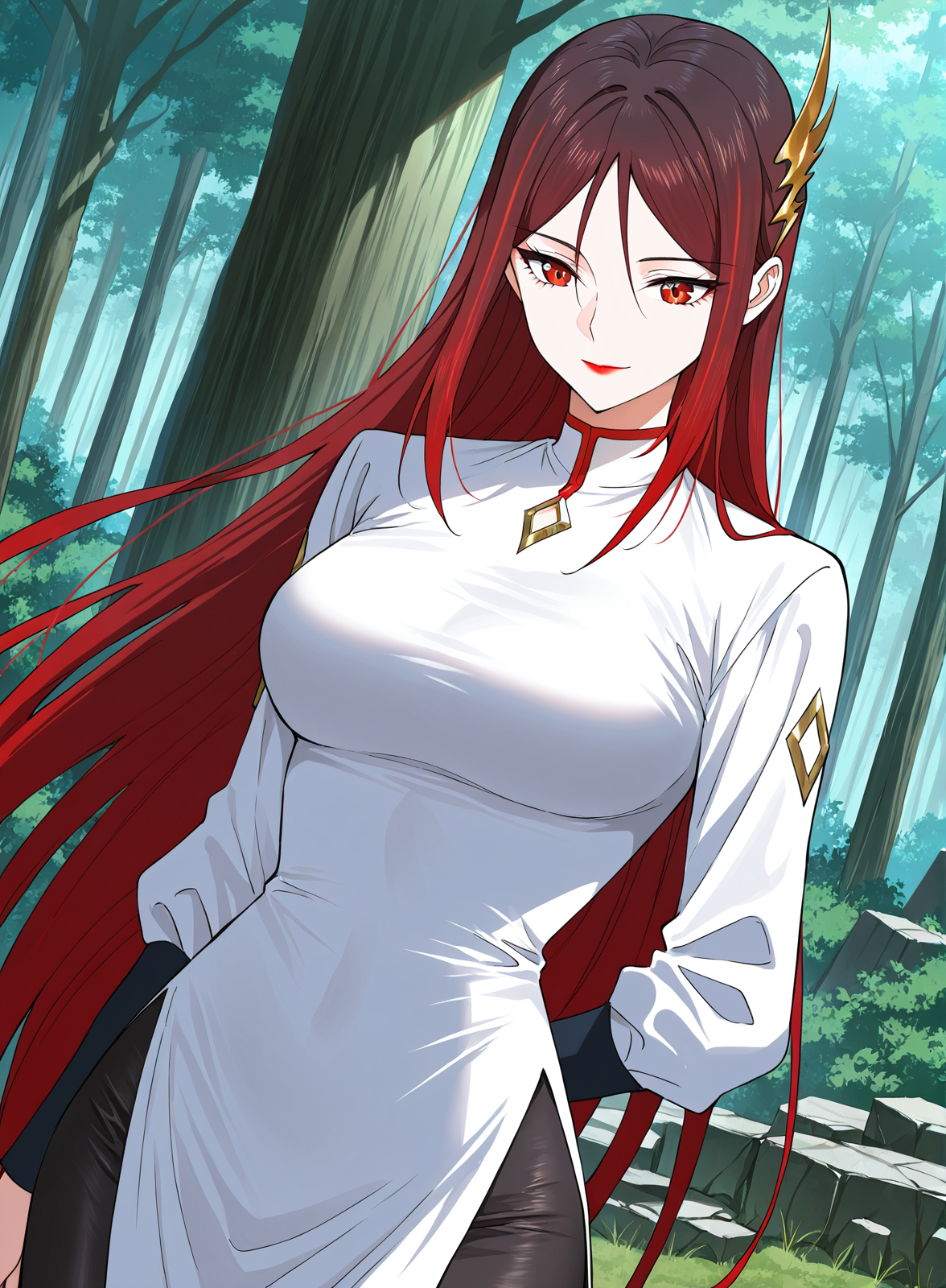 <lora:Jin_Mulan__Ultimate_Son-in-law__Illustrious:1>
1 girl, solo, long hair, red hair, gradient hair, straight hair, hair behind back, side bangs, hair ornament, golden accessory, red eyes, lipstick, 
white dress, high collar, red trim, diamond-shaped brooch, long sleeves, black sleeves, asymmetrical outfit, side slit, black leggings, tight pants, lightning-shaped hair ornament,  diamond pattern on sleeves, bodycon outfit,
score_9, score_8_up, score_7_up, very aesthetic, source_anime, detailed, high quality, beautiful, masterpiece, detailed eyes, forest, tree, ruins, cowboy shot, dynamic angle, upper body, light smile, dynamic pose