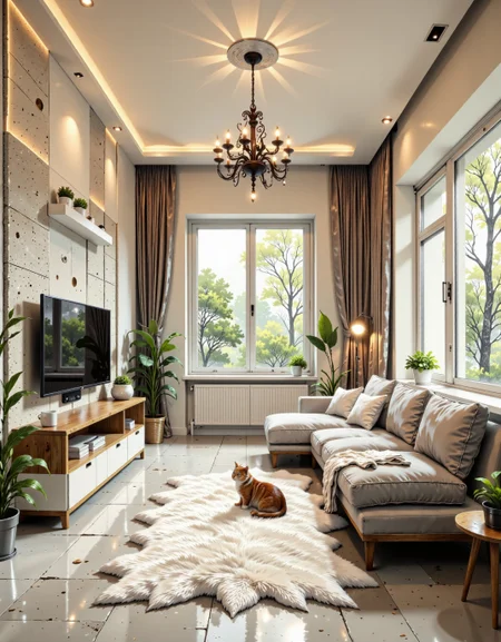 A photo of a cozy and stylish living room in a 30 sq.m studio apartment, designed in modern minimalism with personality and warmth. Light grey porcelain tile flooring with white wood texture, white soft rug in the center. A comfortable light-grey sofa against the far wall (opposite the window), floating TV console on the left wall under a flat-screen TV. the wall behind the TV has a stylish design solution with decorative inserts  imitation of natural stone, highlighting the TV area in a special way. beautiful lighting and chandelier.
One large window on the right side lets in natural soft daylight. The walls are painted light beige with a textured plaster finish. Add warm indirect lighting, a few green indoor plants, and artistic decor with soul — like handmade art or a personal photo. No yellow tint, keep colors neutral and soft. Include a real-looking playful cat on the rug or sofa, not stylized. The space should feel peaceful, lived-in, and personal — not like a showroom.warm and dreamy space. The overall decor combines modern and classic elements, creating a serene atmosphere.    <lora:CTAI-house in the rock:1> CTAI-house in the rock interior <lora:fluxenhancer:0.6>     <lora:Vibrantly_Sharp_style_v.5:1>