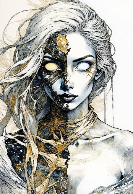fg, A portrait of Hel, the ruler of Helheim. Her marvelous wild mane covers part of her beautiful face and bare chest. Both eyeballs are completely blank and featureless, devoid of pupils and irises, and extend across the entire eye region, blending seamlessly into the surrounding facial area, while the eyes remain fully open. The face is divided into two halves. The left side shows signs of decay and decomposition, with lifeless dark-coal skin, hard bones are visible under the torn skin, shreds of golden ash detached from her skin. Her left eyeball is completely golden. The right half of the face is of unearthly beauty, with immaculate, flawless white skin. Her right eyeball is completely snow-white. The transition between the two halves of the face is fluid and unobtrusive, symbolizing the brief moment between life and death. The picture showcases a surreal and abstract style, created using pencil and ink, characterized by a monochromatic scheme with predominant shades of black, white, and gray, which has been digitally enhanced.