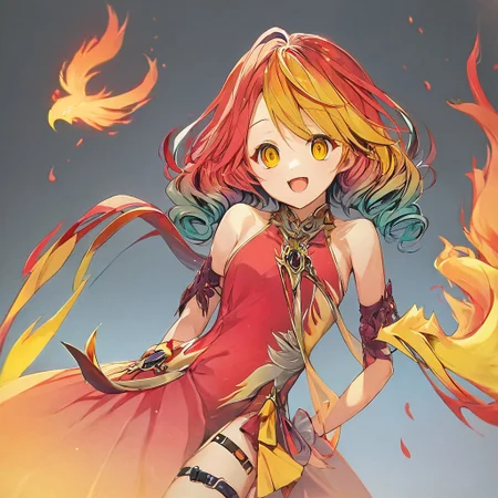 score_9,score_8_up,score_7_up,score_9,score_8_up,score_8,ultra detailed, beautiful face, highres, Expressiveh,
BREAK, 1girl, solo, kamiya yuu, no game no life, official art, 
gradient hair, multicolored hair, multicolored eyes,
(red hair:1.3), curly hair, yellow hair ends, yellow highlights, phoenix girl, red eyes, yellow eyes, gradient eyes, red dress, bare shoulders, straps, slight cleavage,
happy, looking at viewer, giddy, smile, open mouth,
jyojifuku, dress, phoenix dress, fire element, composed of fire elements,