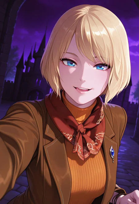 masterpiece,best quality,very aesthetic, absurdres,solo,1girl,<lora:Ashley_illustrious_v1:1> Ashley,short hair,bob cut, blonde hair,blue eyes,faint lips,(smile,open mouth),(red scarf,brown jacket,turtleneck, orange shirt, lips, jewelry, bracelet,sweater),(upper body,dynamic angle),(selfie),(dark,night,purple theme,medieval castle,deep shadows)