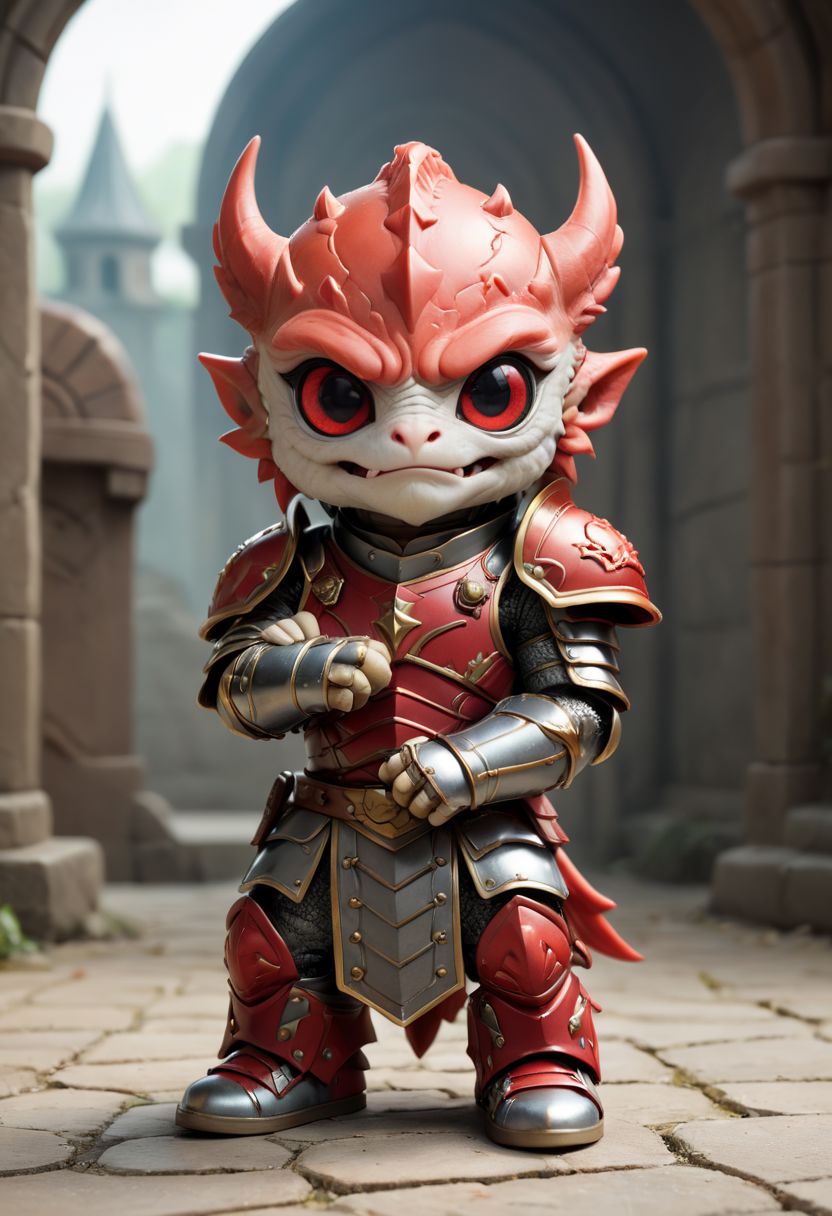 Cute little happy miniature chibi draghon with big comically bright red eyes, wearing armor and converse plated armor, arms crossed