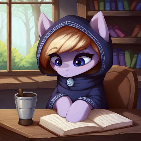 masterpiece, score_9_up, score_8_up, score_7_up, score_6_up, (best quality:1.1), ultra-detailed, high resolution, solo, Eathelin, pony, mlp, feral, midnight blue eyes, mare, female, pony ears, orchid purple skin, midnight blue eyes, thin eyebrows, long eyelashes, short blonde mane, dressed, monk's robe, dark hood BREAK black indoors, forest home, wooden table, sitting, leaning on table, bookshelf, chair, books, inkwell, three quarter view, looking down, detailed facial features, expressiveh, highly visible, sharp focus, anatomically correct, detailed background
