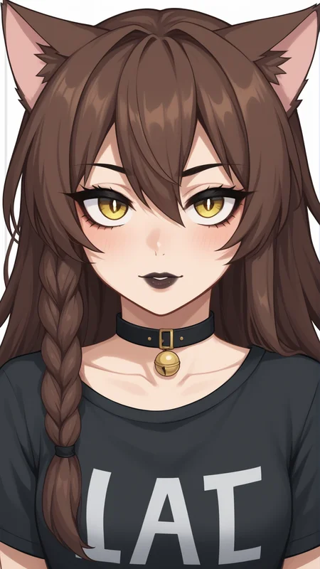 score_9, score_8_up, score_7_up, BREAK source_anime, best quality, masterpiece, ultra detailed,
<lora:Everlasting_Summer_Yulya_by_GraffMetal:0.7>, yulya, brown hair, yellow eyes, long hair, cat pupils, braid, side braid, single braid, animal ears, cat ears, tail, cat tail, cat girl, 1girl, solo
black eyeliner cat eye, black lips, horns,
black shirt, t-shirt, black line choker, goth, eyeliner, eyeshadow,
amazing background, looking at the viewer, simple background, white background, close-up