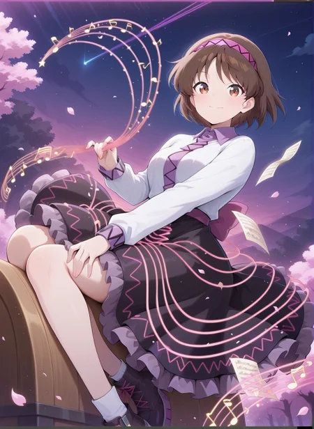 absurdres, highres, masterpiece, best quality, amazing quality, official anime artwork, screencap, anime screencap, outdoors, looking at viewer, 
smile, night, petals, floating hair, string, insturment, music, note, 
 <lora:Tsukomo-Yatsuhashi_Illustrious:1> tsukumo yatsuhashi, 1girl, solo, brown eyes, brown hair, short hair,, white shirt, long sleeves, black skirt, frilled skirt,