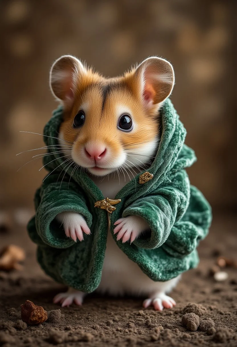 Ultrarealistic. sharp focus, dynamic lighting. play of light, reflection, refraction, Raytracing, Ultra detailed. A Roborovski dwarf hamster wearing a luxurious velvet coat.