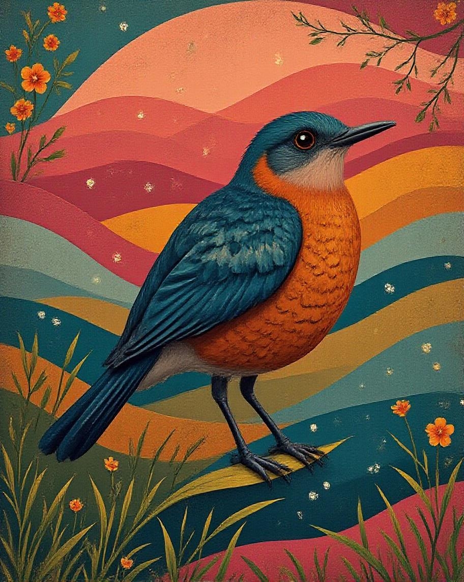 <lora:FolkCartoon.safetensors:1>  The medium is a polished, reflective surface resembling chrome, with intricate Baroque-inspired details and flourishes. The subject is a unique Robin, reimagined with a metallic sheen, its feathers a blend of vivid iris blue and terracotta herringbone, each detail sculpted to emphasize opulence. The bird’s eyes glow with an inner light, drawing the viewer into its enigmatic gaze. Surrounding the Robin are ornate curves and floral motifs, flowing asymmetrically in a Rococo style, set against a vibrant background of deep pink, teal, and amber jewel tones. Subtle gradients and translucent textures add depth, while dramatic lighting enhances the glossy, metallic finish, creating glints and reflections that exude luxury. The composition includes sparkling dew on grass blades, rendered with clean, modern lines to balance the extravagance. Elegant greenery frames the scene, merging Baroque sophistication with contemporary glamour, making the Robin appear both timelessly ornate and strikingly modern.