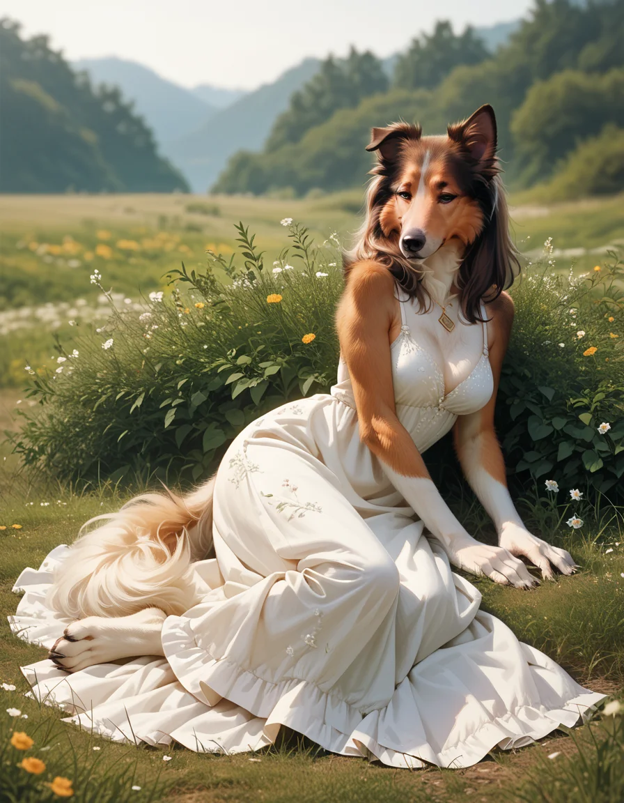score_9, score_8_up, score_7_up, score_6_up, score_5_up, score_4_up, 1girl, furry, breasts, dress, dog, <lora:collie:0.8>, outdoors, full body, on stomach, lying