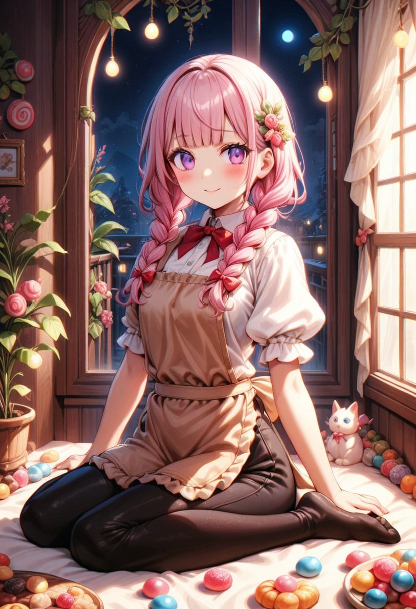 ((masterpiece), (best quality), (ultra-detailed), 
illustration, 2DMM, 
1girl, solo, pink hair, blunt bangs, curly hair, red bowtie , indoor, puffy sleeves,
white shirt, black pants, brown apron, 
  Purple eyes,black eyeshadow,
Indoor,  more Candy's:,
glossy, delicate frame, angelic appearance, sitting, from back, 
hair ornament,chiaroscuro shading, perfect body, dim natural light, night, window, soft smile, blushing, full body,
 absurdres, cowboy shot,
   sharped eyes, sharp focus, angelic appearance,  side braids, night, darkness)