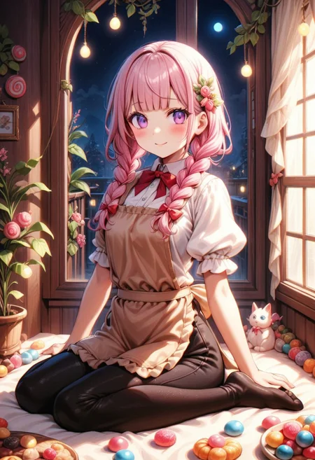 ((masterpiece), (best quality), (ultra-detailed),
illustration, 2DMM,
1girl, solo, pink hair, blunt bangs, curly hair, red bowtie , indoor, puffy sleeves,
white shirt, black pants, brown apron,
Purple eyes,black eyeshadow,
Indoor, more Candy's:,
glossy, delicate frame, angelic appearance, sitting, from back,
hair ornament,chiaroscuro shading, perfect body, dim natural light, night, window, soft smile, blushing, full body,
absurdres, cowboy shot,
sharped eyes, sharp focus, angelic appearance, side braids, night, darkness)
