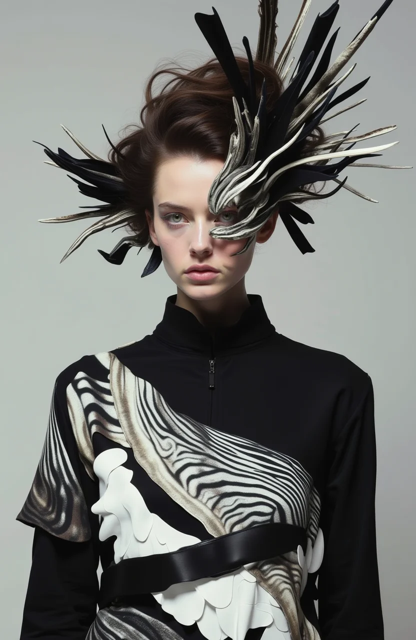 psycho_4rt, A high-fashion portrait of a striking woman wearing an avant-garde outfit with dramatic shapes and textures, set against a minimalist background, her gaze intense and captivating.