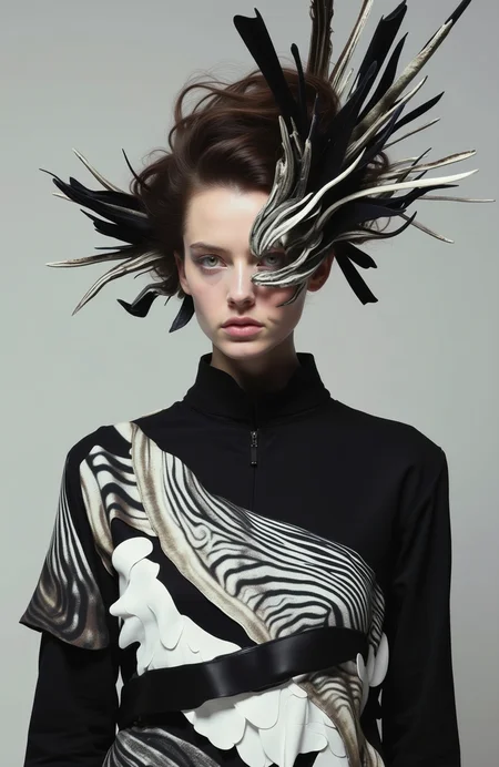 psycho_4rt, A high-fashion portrait of a striking woman wearing an avant-garde outfit with dramatic shapes and textures, set against a minimalist background, her gaze intense and captivating.