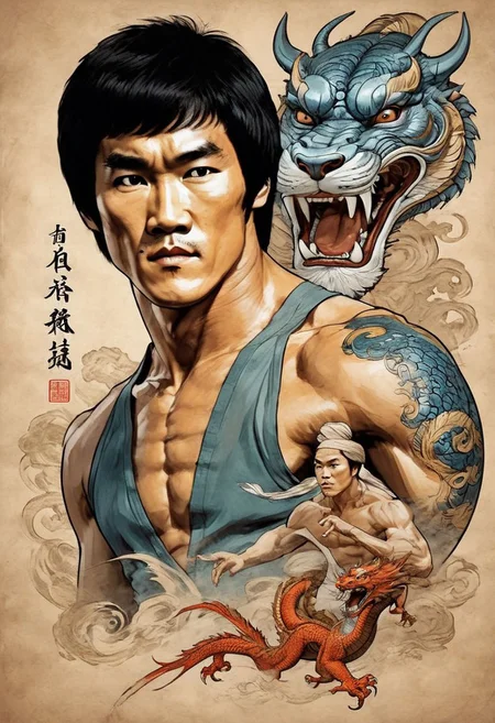 perfect face,(Bruce Lee:1.5) martial art masterpiece inspired by Crouching Tiger, Hidden Dragon,in the background a Chinese dragon, stylized art,