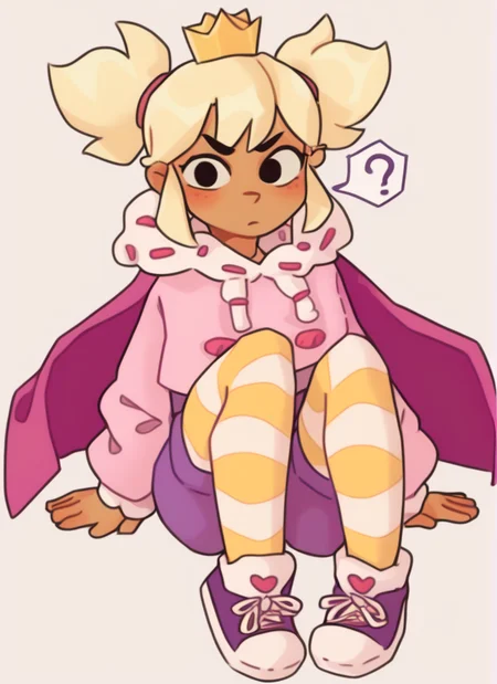 score_9, score_8_up, score_7_up, <lora:bsmandy:1> 1 girl , bsmandy ,dark-skinned female , simple background, , blonde hair, crown , full body, short twintails, bodysuit, purple shorts ,pink sweater, cape, yellow striped thighhighs, ,confused, solo , ,looking at viewer, <lora:Yagi_the_Goat_Style:1>by s1120411