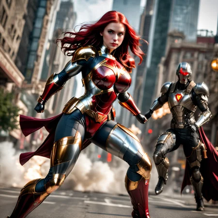 <lora:faces_v3:0.8> beautiful 1girl, <lora:PerfectEyesXL:0.8> perfecteyes, superhero, tight bodysuit, chest cutout, red gold chest emblem, Large breasts, long Ruby red hair, fit, power armor, vambrance, gauntlets, long cape, Fighting 1boy villain, in power armor,mutanton a city street, full body, <lora:add-detail-xl:0.8> power pose, 8k, photograph, realistic, highres, reality, Volumetric Lighting, wide_shot, full body, depth of field, <lora:SDXL_Superhero:0.8> <lora:EnvyActionShotXL01:0.5>