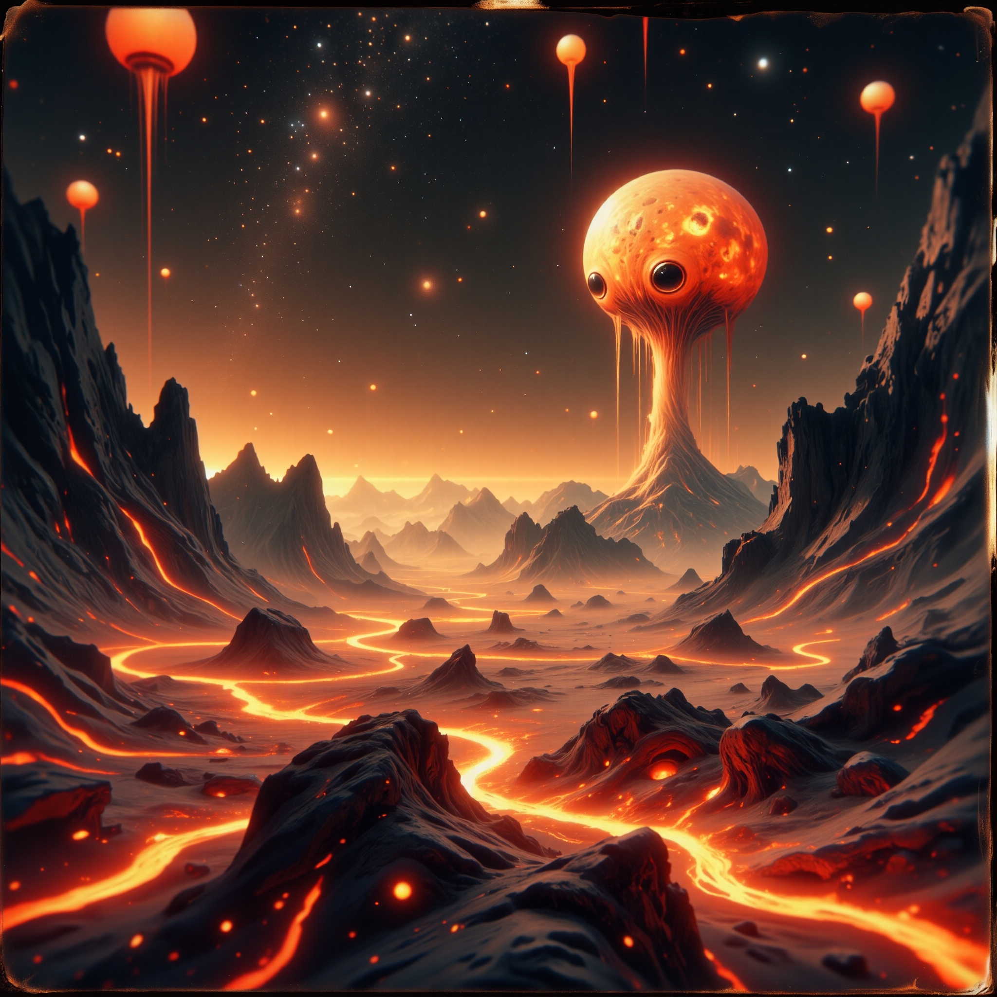 strange and otherworldly scenery on a distant planet, very aesthetic, highly detailed, award-winning pinhole photography, retrofuturism style, the "glowing sandgrumbold" is a small creature that prospers in intense heat, building its juxtaflurged lairs in the flanks of active volcanoes on planet "underkraut iv", here we get a good look at its fluffy ears and intricate eyes as it lays in ambush to prey on the "chromatic logwhisk" from the shadows of its wakthurbled hideout, <lora:image_enhancer-flux-by_dever:0.6> <lora:style-eldritch_pinhole_photography-flux-by_eldritchadam:0.68>
