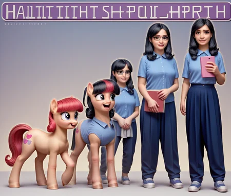 score_9, score_8_up,
<lora:Animorph_-_pony:.8> animorph,(human female(black hair, school clothes, nerdy)) ,morph, ((buttercup(mlp, pony)), left to right transformation, multiple people, 4 stage transformation, gradual transformation, book cover negativeXL_D
