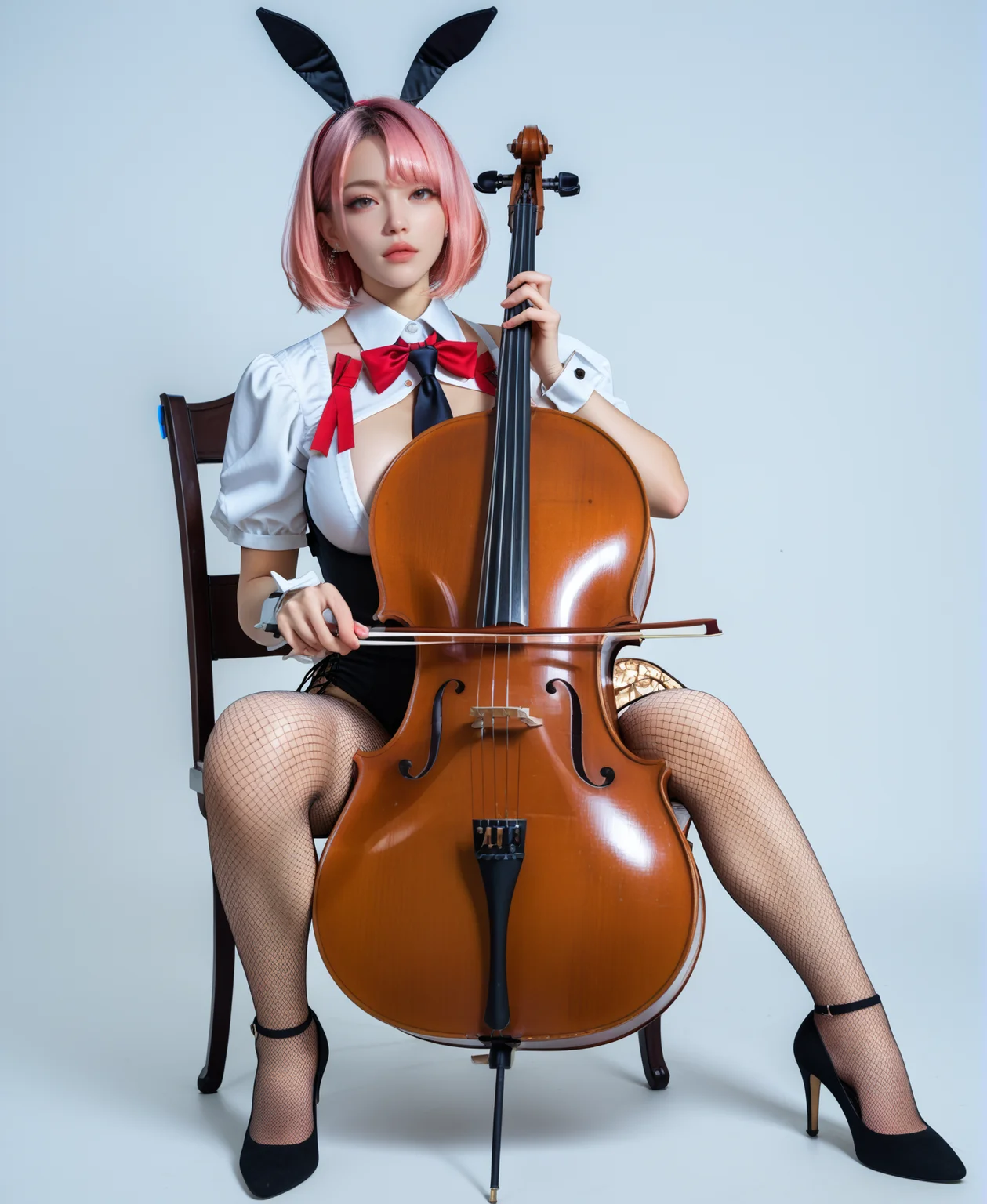 1girl, detached collar,fake animal ears,fishnet pantyhose,white leotard,wrist cuffs,short necktie,  pantyhose, high heels, 
simple background, big breasts, bare shoulders, bare arms, 
score_9, score_8_up, score_7_up, anime, source_anime, photoshoot ,Expressiveh,  horny,
(playing cello, cello,bow \(music\)), sitting, 
<lora:cello-pony-000011:0.85>