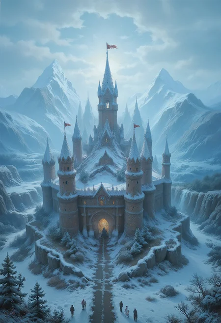 A grand city, magnificent towers, high-quality backdrop, birds eye view, a sprawling futuristic castle inspired by 1980s themes, synthpunk, vaporwave, neon, perfection style, ultra realistic, hyper realistic, photo-realistic, photo, snowing, blizzard, winter, a cold winter storm stirring the snow in the air around the sky,