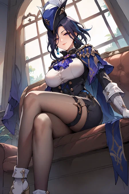 score_9, score_8_up, score_7_up, source anime, 1girl, clorinde \(genshin impact\), tricorne, black pantyhose, earrings, blue cape, white gloves, pencil skirt, white shirt, thigh strap, underbust, ascot, fold-over boots, sitting, crossed legs, from below, on couch, windows, living room, gasping, ecstasy, seductive smile <lora:Char-Genshin-Clorinde-Pony-V1:0.9> <lora:odanon_style_v2:0.7>