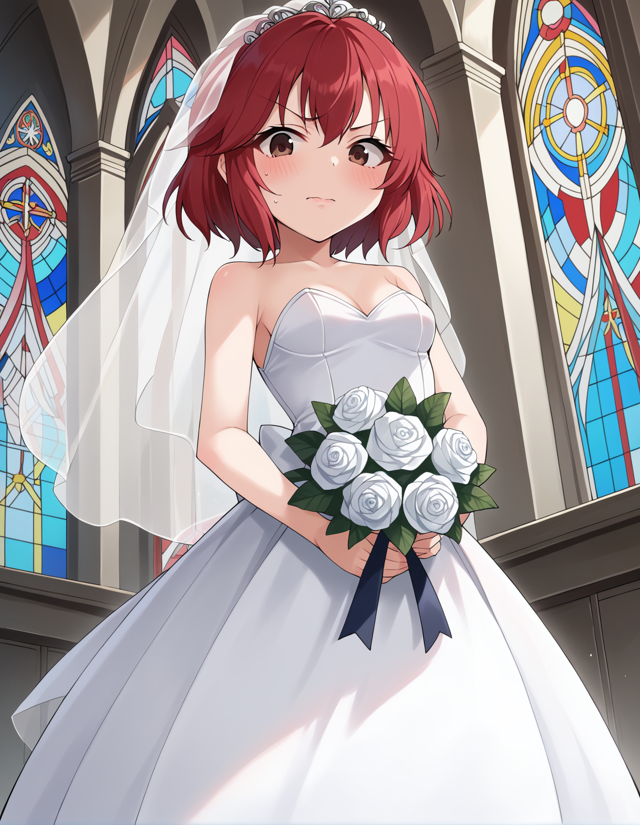 score_9, score_8_up, score_7_up, score_6_up, score_5_up, score_4_up, source_anime, rating_safe, BREAK <lora:tomoemurakamiXL_LoRA-C3Lier_AdamW_Dim8_Alpha8_UN-3e-4_TE-1.5e-4_10batch_ponyDiffusionV6XL_v6StartWithThisOne:1>, tomoe murakami, 1girl, red hair, short hair, brown eyes, small breasts, embarrassed,worried, blush, looking at viewer, wedding dress, bridal veil, standing, looking down, church, stained glass, flower, bouquet, white rose, dutch angle