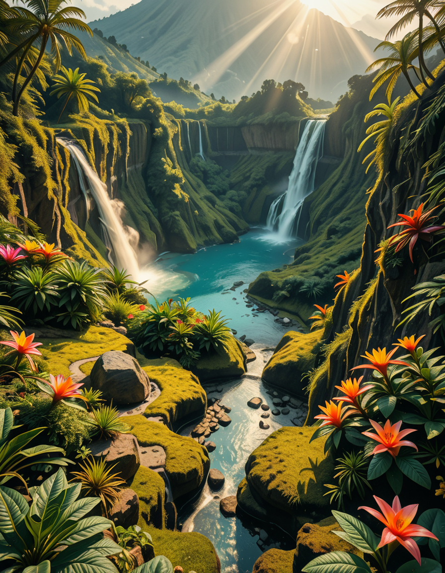 A breathtaking view of an ancient, dormant volcano now transformed into a lush, vibrant natural sanctuary. The crater is filled with dense tropical forests, colorful exotic flowers, cascading waterfalls, and mist swirling gently in the morning light. Vines and moss cover the dark volcanic rocks, and small streams wind down the slopes. while rays of sunlight pierce through the dense canopy, creating sparkling reflections on the water. The atmosphere feels peaceful, enchanted, and untouched by humans. The scene is depicted in an ultra-detailed, hyper-realistic style, with warm, soft lighting and rich, saturated colors that enhance the magical and serene mood of the landscape.
<lora:SDXLFaeTastic2400:0.4> <lora:extremely_detailed:0.4> extremely detailed,dormant v0lc4n0, <lora:dormant_v0lc4n0-i:1>, Masterpiece,best quality,hi res,8k,hi res,8k,award winning,(sharp focus, intricate, highly detailed),
