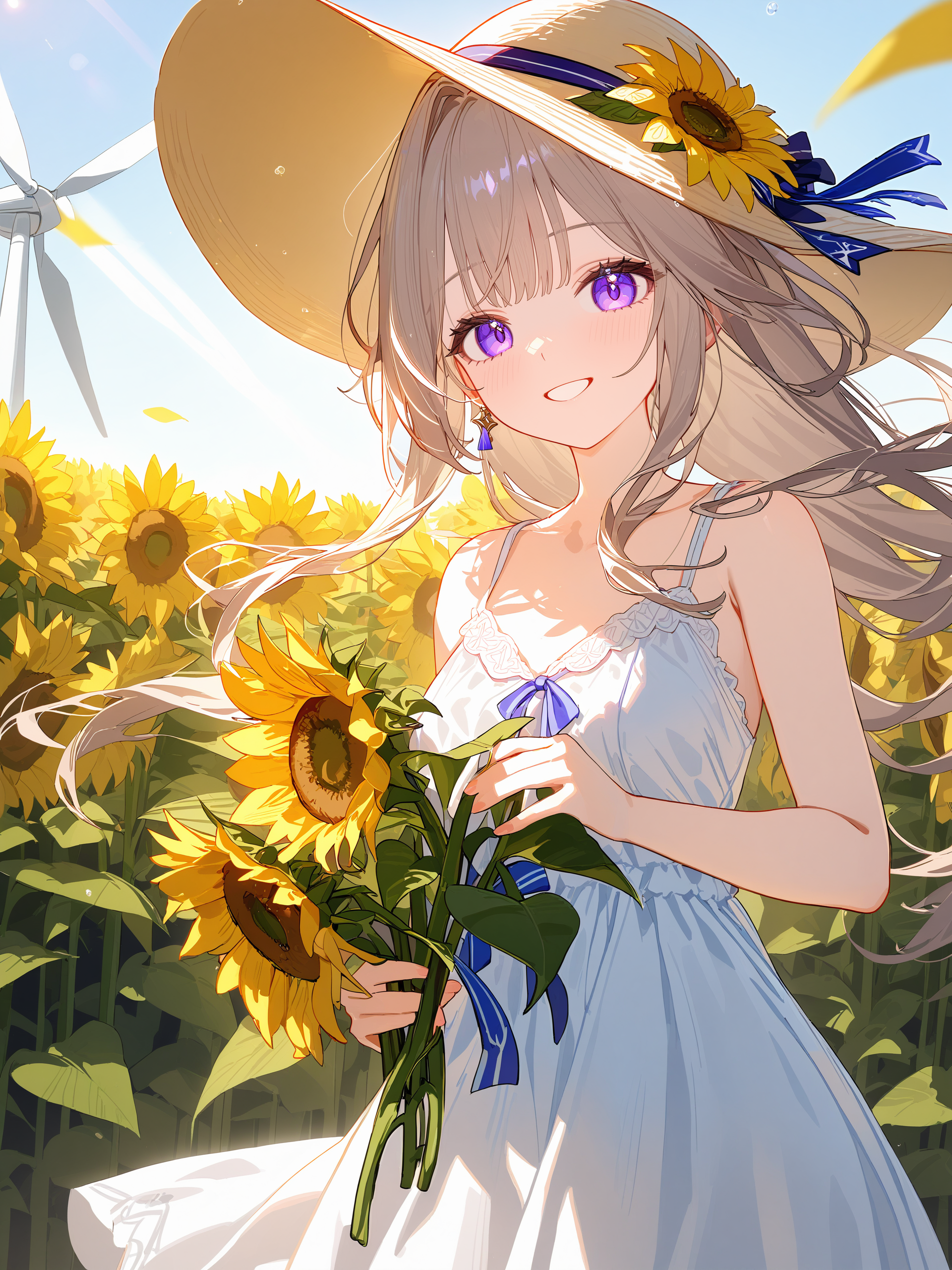illustration, incredibly absurdres, ultra detailed, masterpiece, best quality, perfect features, intricate details, ray tracing, very aesthetic, [<lora:XL-detailed_notrigger:0.95>::0.5],  <lora:Char-HonkaiSR-Herta-V4-SDXL:1:hr=0.6>, 1girl, solo, herta \(honkai: star rail\), (white dress, sundress, chemise:1.2), floating hair, cheering,  sunflower, outdoor, wind turbine, smile, sun hat, depth of field