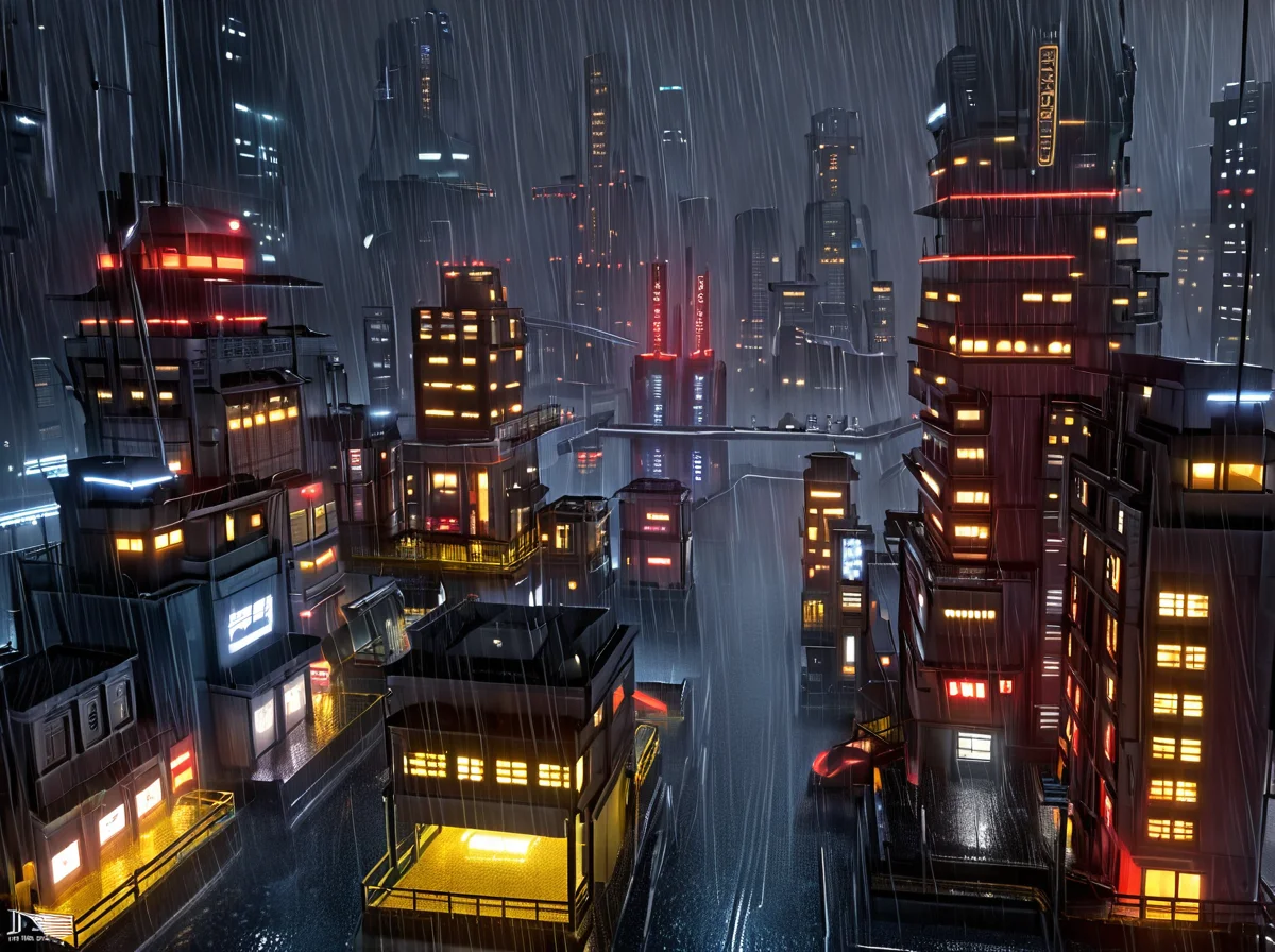 masterpiece,high detail,
<lora:gits_style:0.8>,
gits95, scenery, rain, no humans, building, city, cityscape, city lights, night, outdoors, science fiction