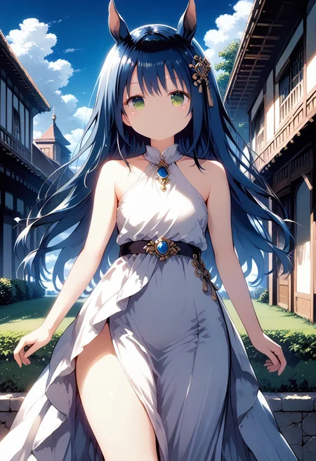 score_9, score_8_up, score_7_up, 1girl,FujisakaLP,high definition eyes, (masterpiece), (best quality), (ultra detailed),(disheveled hair),(illustration), (best shadow), detail1eye, wide thighs, wide hips, (detailedlight),((anextremelydelicateandbeautiful)),<lora:GodolphinArabian:0.7>,GodolphinArabian,long hair,blue hair,green eyes,horse ears,horse girl,hair_ornament,white dress, bare shoulders, ,sleeveless,evening dress,long dress,outdoors, light,blue sky, horizon, meadow, wild