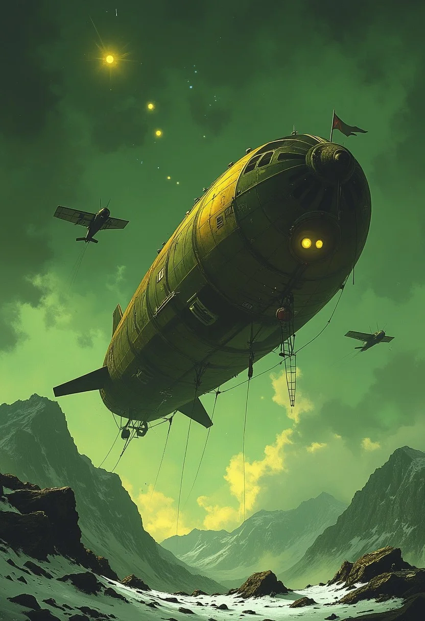 ArsMJStyle, dnddarkestfantasy, a metallic zeppelin sits in a green sky floating above snow covered mountains, three stars shine brightly in the sky, a ladder descends from the zeppelin to the ground, four biplanes fly nearby