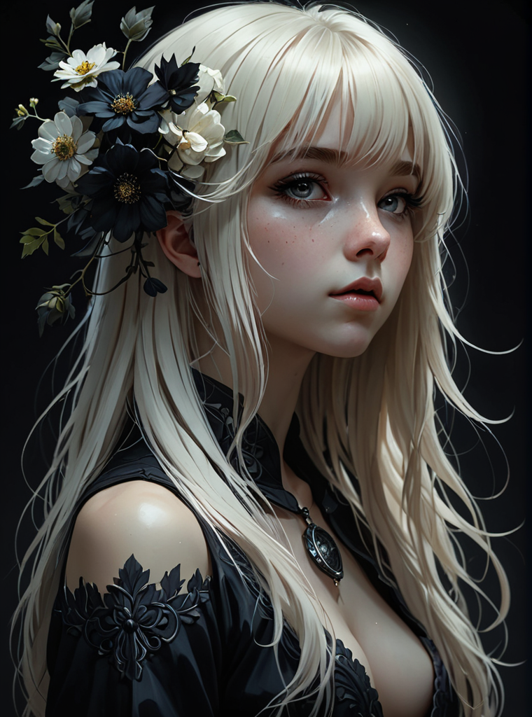 2D drawing, overhead shot, full body girl with long white hair and bangs, profile, (Anna Dittmann, Ilya Kuvshinov, Jeremy Mann) a large obsidian medallion, low head, hyper detailed eyes, black flowers, dark shadows, very high contrast , overhead light, dark background, gloomy atmosphere, manga style