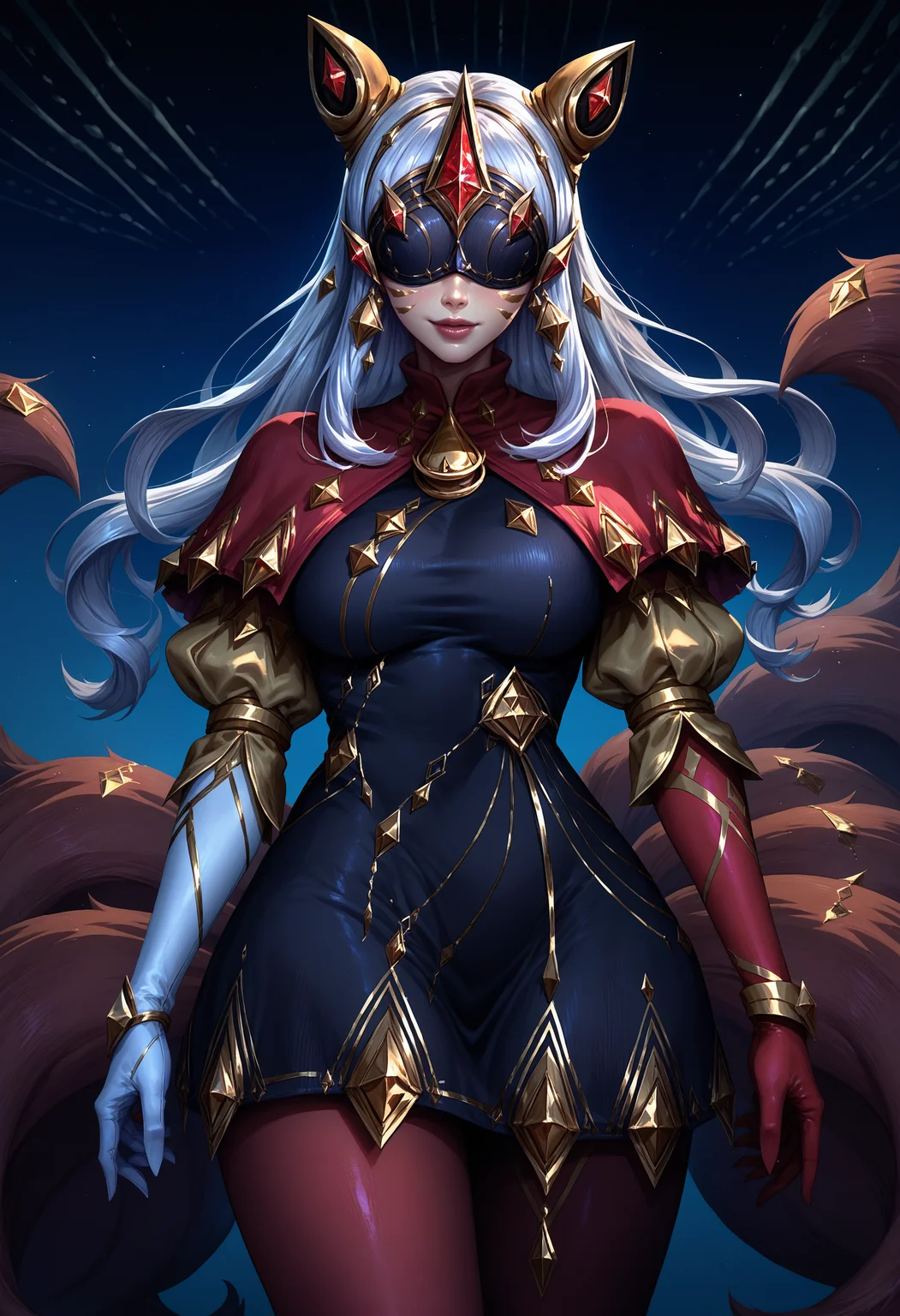 score_9, score_8_up, score_7_up, 1girl, Ahriarcana, animal ears, facial mark, multiple tails, long hair, white hair, large breasts, eye mask, covered eyes, jewelry, earrings, black Dress, capelet, gold trim, puffy sleeves, elbow gloves, asymmetrical gloves, red gloves, white gloves, asymmetrical legwear, red legwear, white legwear, pantyhose, <lora:AhriAllInOne_pdxl_Incrs_v1:1>, seductive smile,
